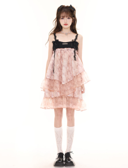 Black And Pink Tiered Ruffle Cami Dress Women With Lace Straps And Floral Print R9418