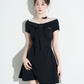 Classic Black Off-Shoulder A-Line Dress, Women's Short Sleeve with Lace Trim and Bow Neck Mini Dress R9332