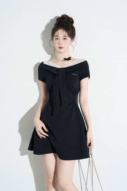 Classic Black Off-Shoulder A-Line Dress, Women's Short Sleeve with Lace Trim and Bow Neck Mini Dress R9332