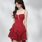 Retro Red Polka Dot Tiered Mini Dress, Women's Cami Strap with Lace Trim Chiffon Dress R9331