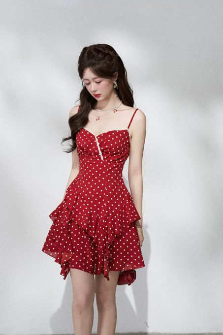 Retro Red Polka Dot Tiered Mini Dress, Women's Cami Strap with Lace Trim Chiffon Dress R9331