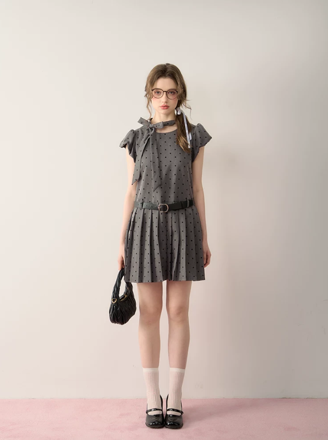 Polka Dot Dress with Detachable Belt, Neck Bow and Back Zipper R9219