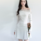 White Off The Shoulder Long Sleeve Mini Dress Women With Lace Trim And Button Detail R9422