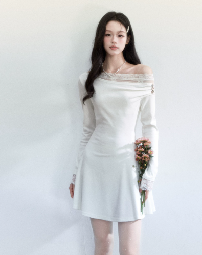 White Off The Shoulder Long Sleeve Mini Dress Women With Lace Trim And Button Detail R9422