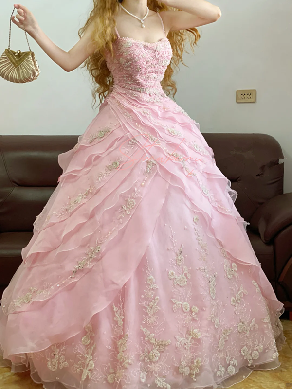 Pink Spaghetti-Strap Waist-Cinched Puffball Princess Skirt Ball Gown, Bridal Gown R7337