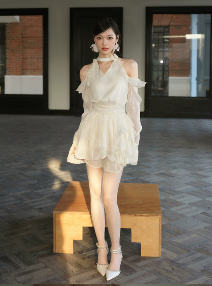 White Halter Neck Dress with Off-Shoulder Ruffle Sleeves and Tiered Skirt R9224