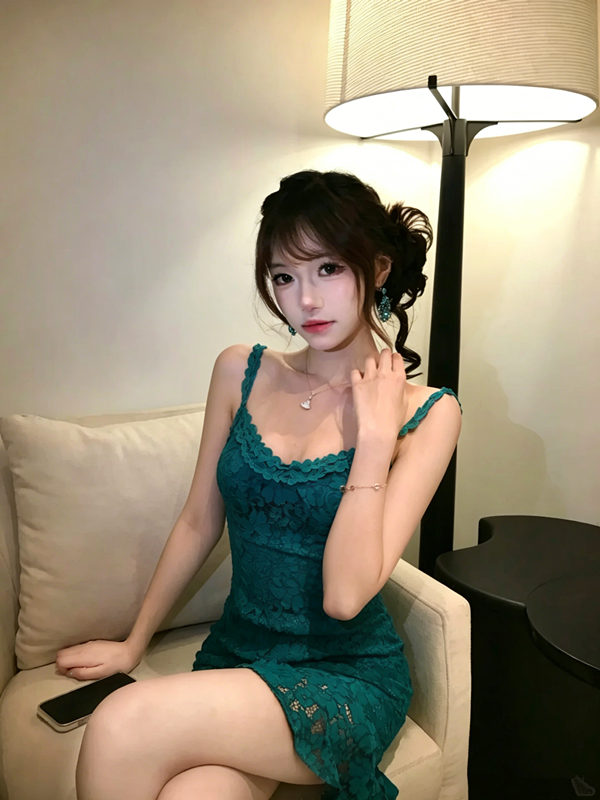 Vintage Lace Spaghetti Strap Ruffle Hem Dress R9155