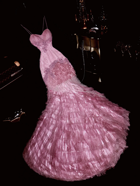 Pink halter-neck fitted bodycon mermaid tiered skirt ball gown R6965