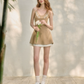 Camel Halter Mini Dress with Lace Trim Neckline, Layered Lace Hem and Fitted Flared Silhouette R9262