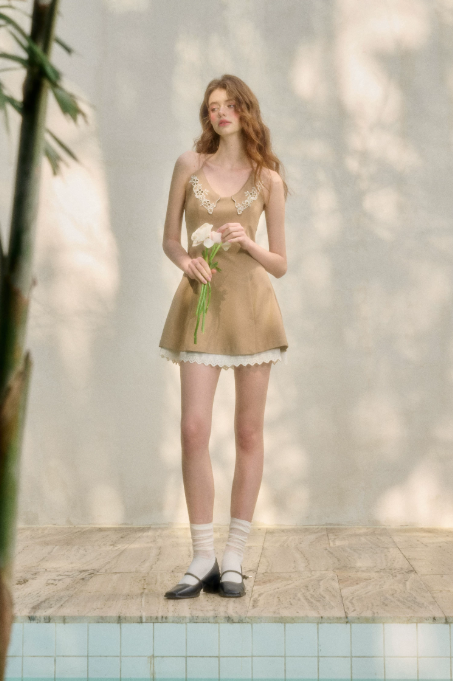 Camel Halter Mini Dress with Lace Trim Neckline, Layered Lace Hem and Fitted Flared Silhouette R9262