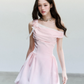 Pink Satin One Shoulder Mini Dress Women With Lace Trim And Rose Detail R9416