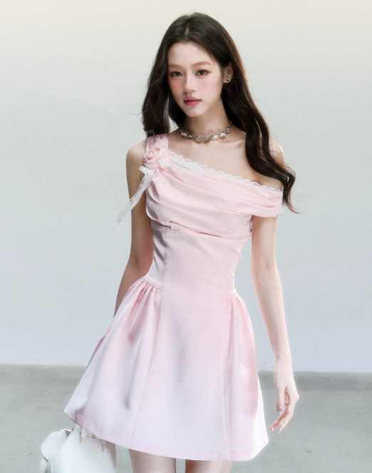 Pink Satin One Shoulder Mini Dress Women With Lace Trim And Rose Detail R9416