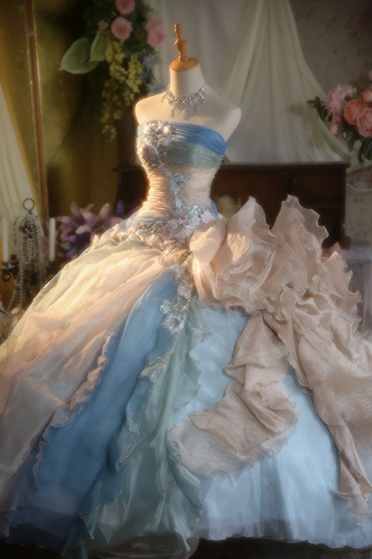 Light blue strapless, waist-cinched ball gown with a puffy skirt; bridal gown R7278