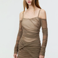 Women's Off-Shoulder Ruched Mesh Mini Dress, 2026 Summer Slim Bodycon Party Dress R9323