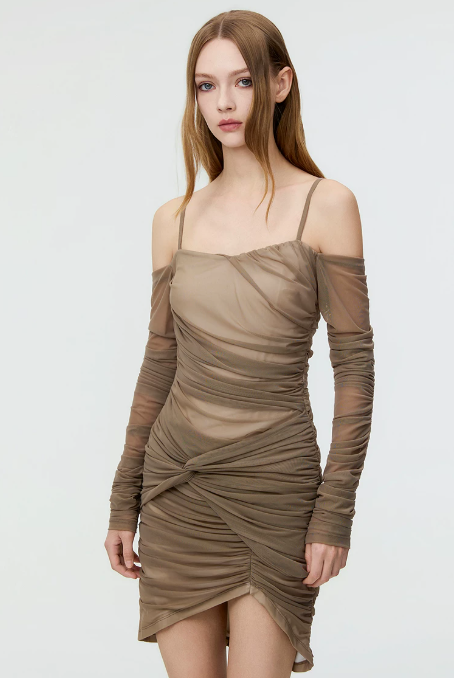 Women's Off-Shoulder Ruched Mesh Mini Dress, 2026 Summer Slim Bodycon Party Dress R9323