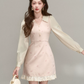 Vintage Pink Tweed A-Line Dress, Women's Long Sleeve Floral Embroidered Mini Dress R9329