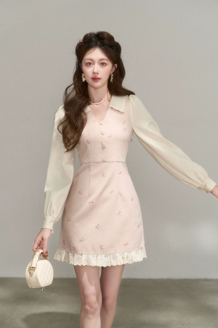 Vintage Pink Tweed A-Line Dress, Women's Long Sleeve Floral Embroidered Mini Dress R9329