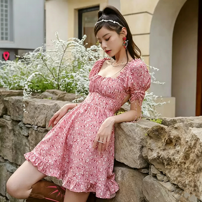 Pink Floral Print Mini Dress Women With Puff Sleeves And Square Neck R9452