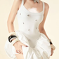 White suspenders, slim waist, flower bud skirt, short skirt, homecoming dress R4466