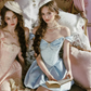 Princess Core Blue Satin Off-Shoulder Dress with Pearl Trim R9202