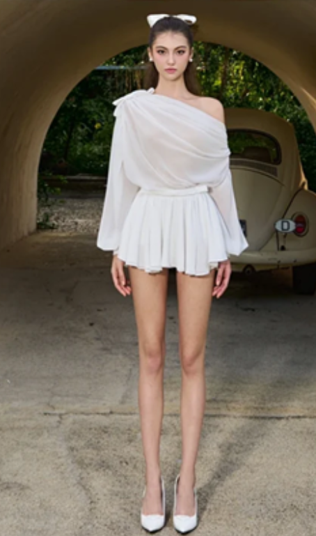 White long-sleeved off-shoulder light and cute mini skirt homecoming dress R4667