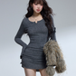Grey Knit Cami Mini Dress Women Slim Fit High Waist Bodycon Short Dress R9382