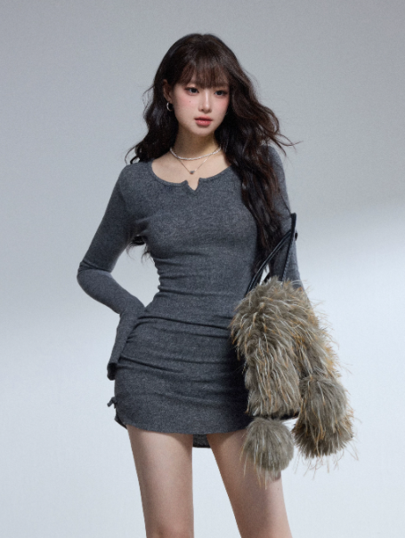 Grey Knit Cami Mini Dress Women Slim Fit High Waist Bodycon Short Dress R9382