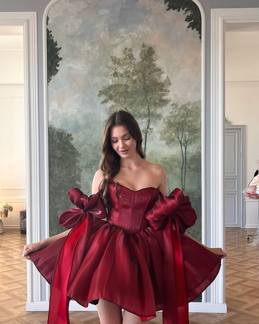 Red suspender tie waist slim puffy princess skirt short skirt homecoming dress R5456