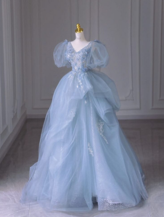 Puff Sleeves Applique Corset Prom Gown , Pale Blue Women's Maxi Evening Dress Birthday Dress RS2381