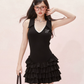Fairycore Black Sleeveless Dress With Tiered Cake Skirt And V-Neckline R9296