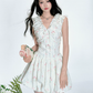 White Floral Print V Neck Mini Dress Women With Ruffle Trim And Bubble Skirt R9424