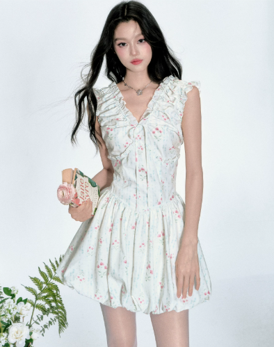 White Floral Print V Neck Mini Dress Women With Ruffle Trim And Bubble Skirt R9424