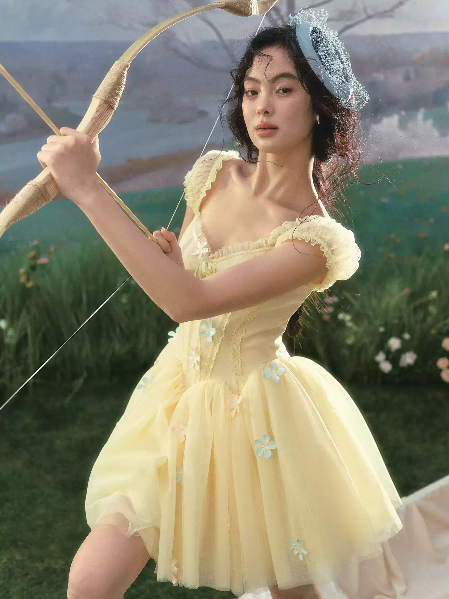Romantic Princess Tulle Mini Dress Sweetheart Neck Lace Trim 3D Flower Applique Satin R9192
