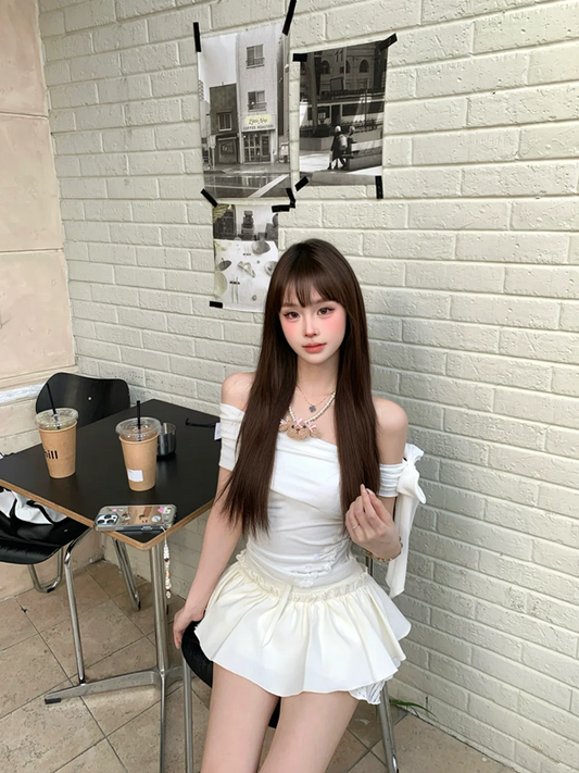 White one-shoulder slim waist A-line mini skirt R5029
