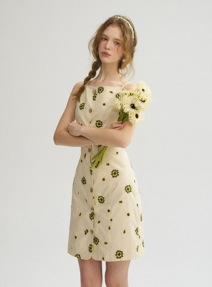 Beige Floral Embroidered Cami Mini Dress Women With Button Front Detail R9478