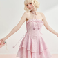Pink Eyelet Embroidery Halter Strapless Mini Dress With Tiered Ruffle Skirt R9291
