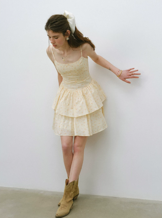 Yellow Ditsy Floral Cami Mini Dress Women With Tiered Ruffle Skirt R9474