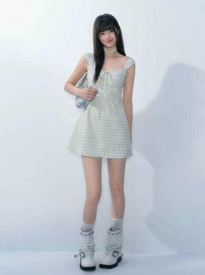 Fresh Style Yellow Blue Plaid Tie Front Dress Women Summer Slim Fit Flare Dress R9352
