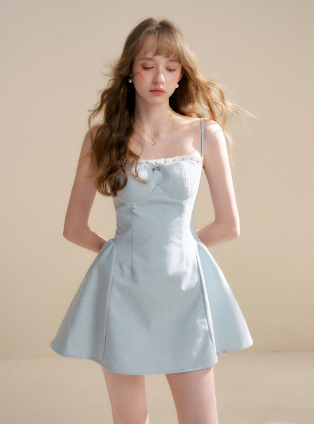 Baby Blue Spaghetti Strap Fit-and-Flare Dress with Bow Detail R9235