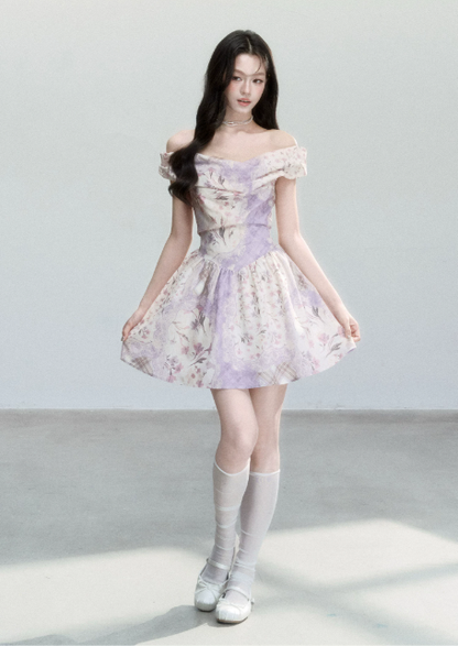 Lavender Floral Print Off The Shoulder Mini Dress Women With Vintage Romantic Style R9403