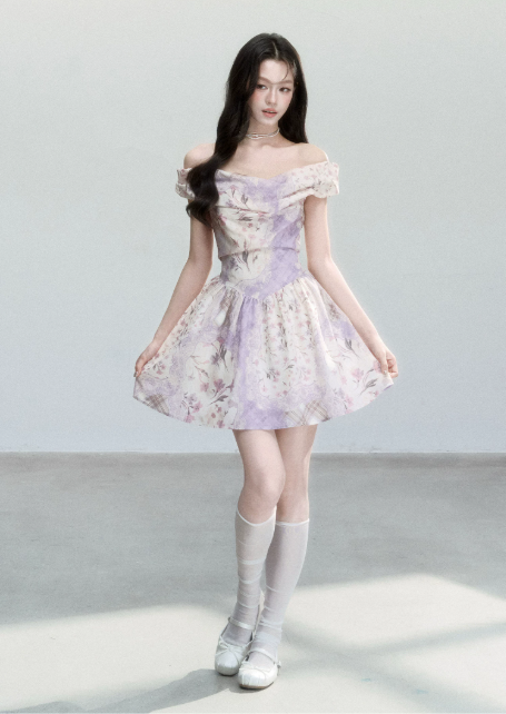 Lavender Floral Print Off The Shoulder Mini Dress Women With Vintage Romantic Style R9403