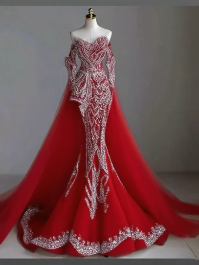 Red Strapless White Embroidered Fitted Waist Mermaid-Length Prom Dress R6486