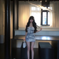 Navy blue printed one-shoulder waist slim hip skirt homecoming dress R5075