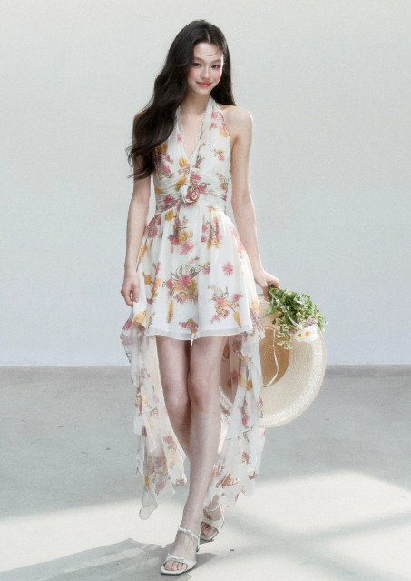 Floral Print Halter Neck Chiffon Dress Women With Lace Trim And Asymmetrical Hem R9419