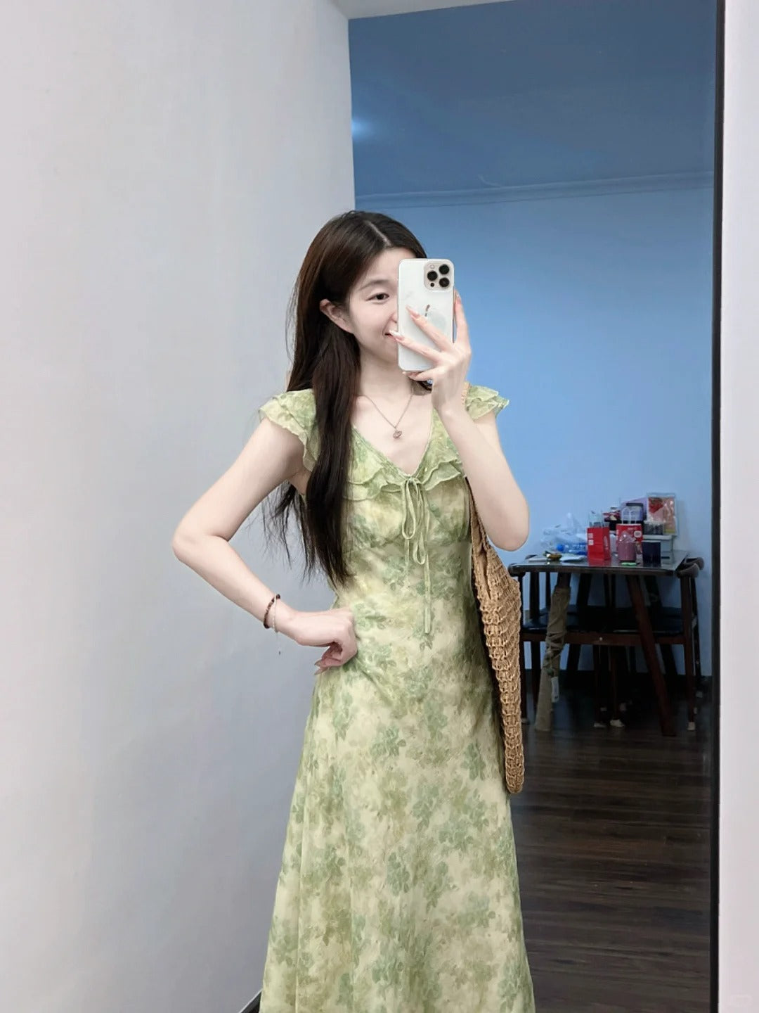 Green Floral Ruffle Trim Midi Dress R9122