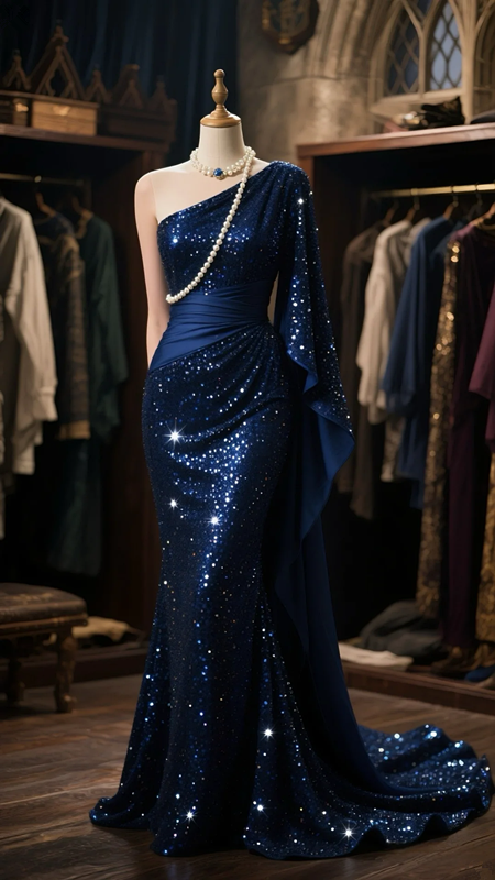 Dark blue one-shoulder slim waist sequined hip-hugging maxi dress elegant ball gown R6087