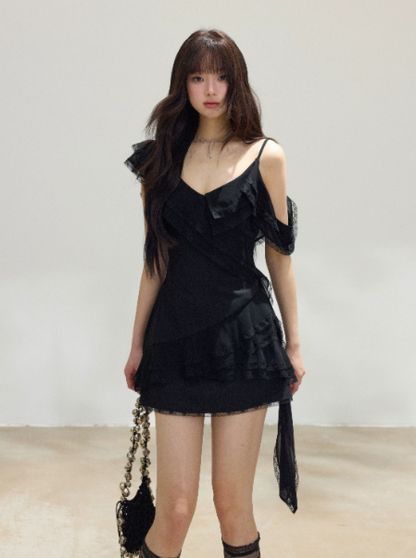 Black Lace Off Shoulder Cami Dress Women Summer High Waist A Line Mini Dress R9383