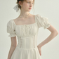 White French Style Mini Dress Women With Puff Sleeves And Lace Inset R9471