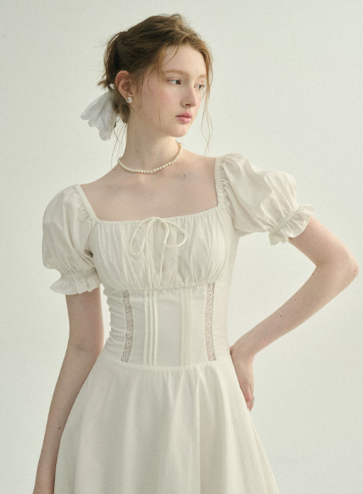 White French Style Mini Dress Women With Puff Sleeves And Lace Inset R9471