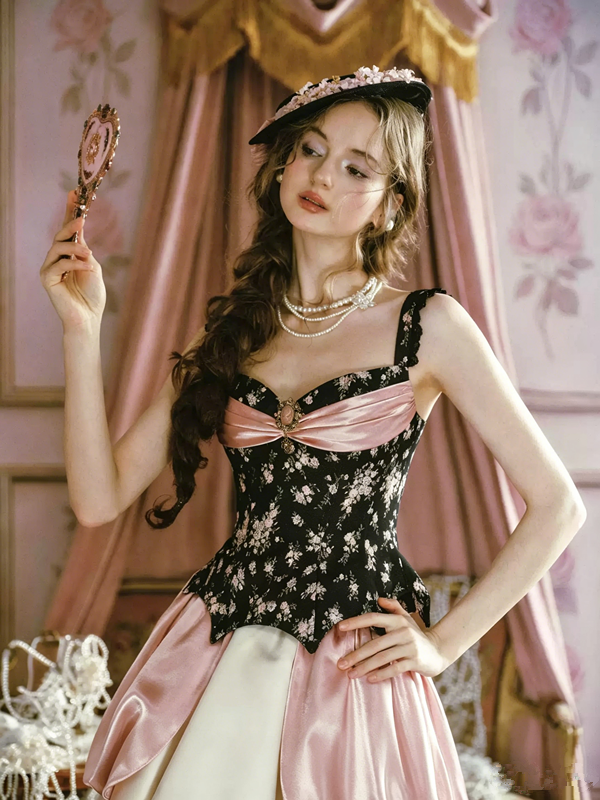 Rococo-Inspired Bustier Dress with Floral Print & Bubble Skirt R9203